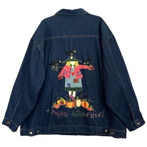 Quacker Factory Fall Themed Denim Jacket 3X Scarecrow Pumpkin Patch Chore Coat